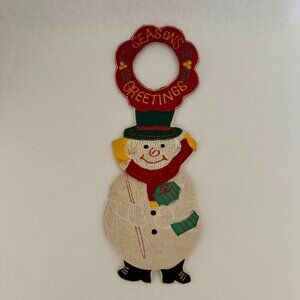 1974 Christmas Snowman Door Hanger Cloth Seasons Greetings 13" x 5" Embroidered